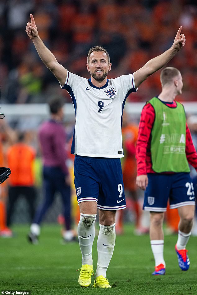 The singer appeared excited for the highly anticipated match between England and Spain, which kicks off at 8pm in Berlin, Germany; pictured is Harry Kane