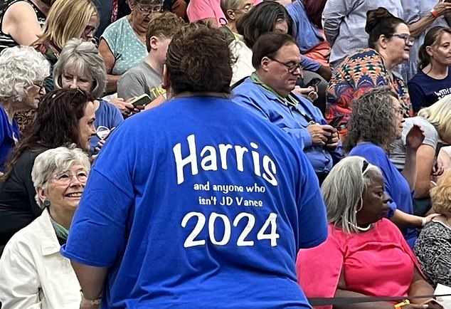 Woman at Harris' Wisconsin rally wears shirt that reads 'Harris and anyone who isn't JD Vance 2024'