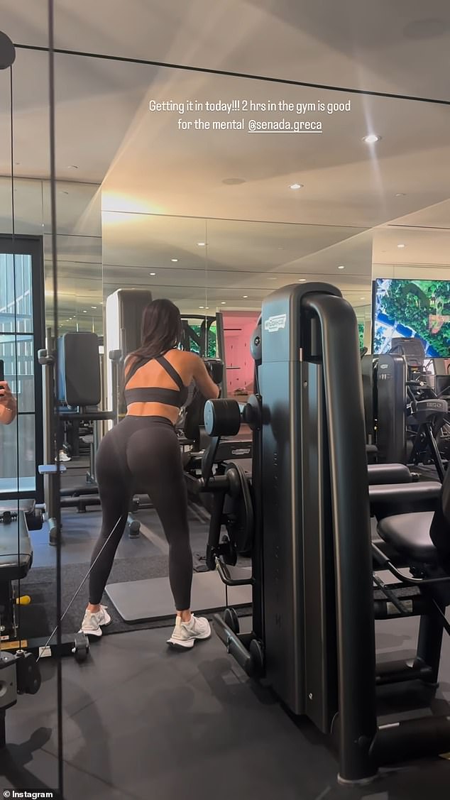 Kim Kardashian showed off her firm butt during her two-hour workout at her home gym