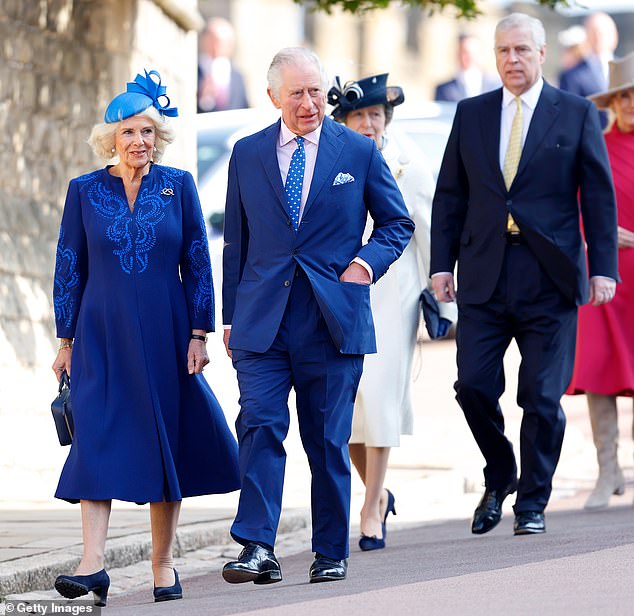 Queen Camilla and King Charles III are pictured with Princess Anne and Prince Andrew