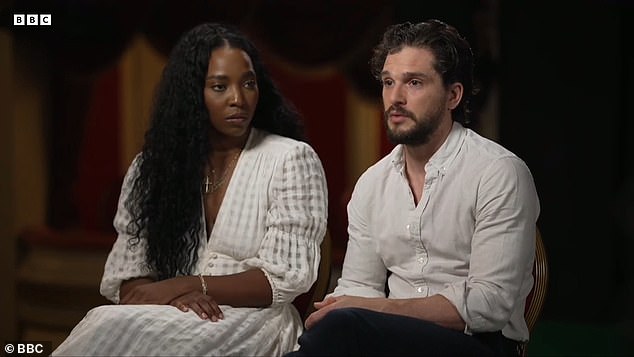 Kit Harington has criticised the 'black-only night' of his West End show Slave Play, calling the idea an 'incredibly positive thing' (pictured with co-star Olivia Washington)