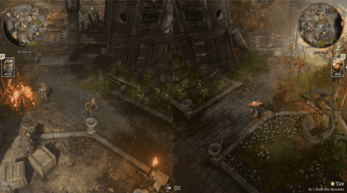 An animated .gif of two PCs in Baldur's Gate 3 multiplayer, shown in a right and left split screen. They walk towards each other and the split screen disappears when they enter the same area. 