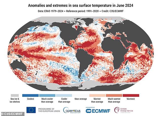 June 2024 was the warmest June on record globally, with an average surface temperature of 61.98°F (16.66°C). This map shows where the Earth experienced extreme heat last month, compared to the 1991-2020 reference period