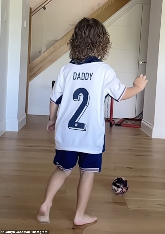 Lauryn Goodman, 33, dressed her son Kairo in a 'Daddy' England shirt to support his father Kyle Walker in the 2024 European Championship final on Sunday