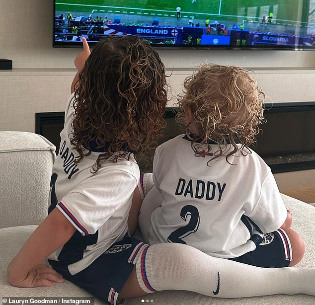 Lauryn Goodman's children cheer on their father Kyle Walker at home during England's quarter-final earlier in the tournament