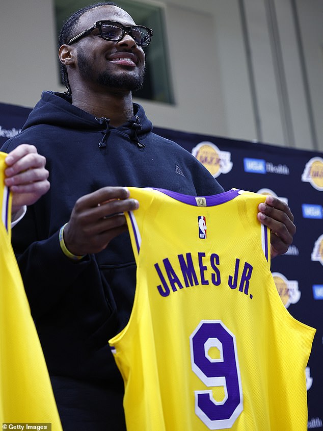 Bronny James has chosen to wear the number 9 shirt for the Purple & Gold, as announced on Tuesday