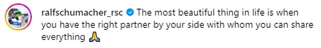 Ralf, pictured with partner Etienne, wrote in a social media post: 'The best thing in life is when you have the right partner by your side with whom you can share everything'