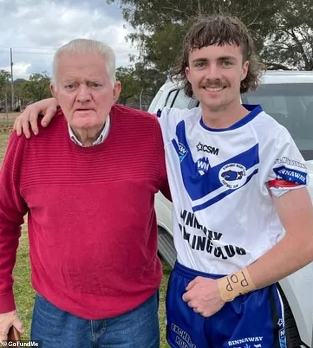 Lincon Goard, 17, (pictured with his grandfather) was playing rugby for the Binnaway Bombshells under-18s league in Narromine when he was tackled and suffered a serious spinal injury