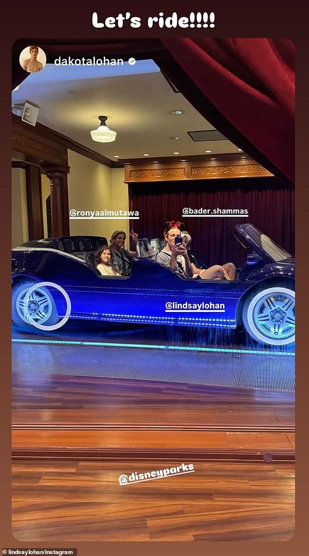 Lohan also shared a photo of herself sitting in the front seat of a Radiator Springs Racer with some of her family members, captioning it, 