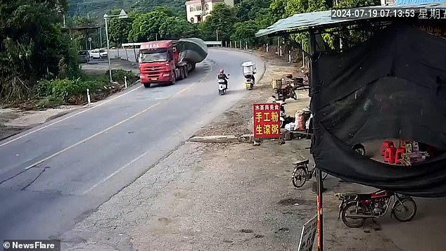 A road in China was covered in beer after a truck driver took a bend too fast, spilling his load of beer onto the asphalt