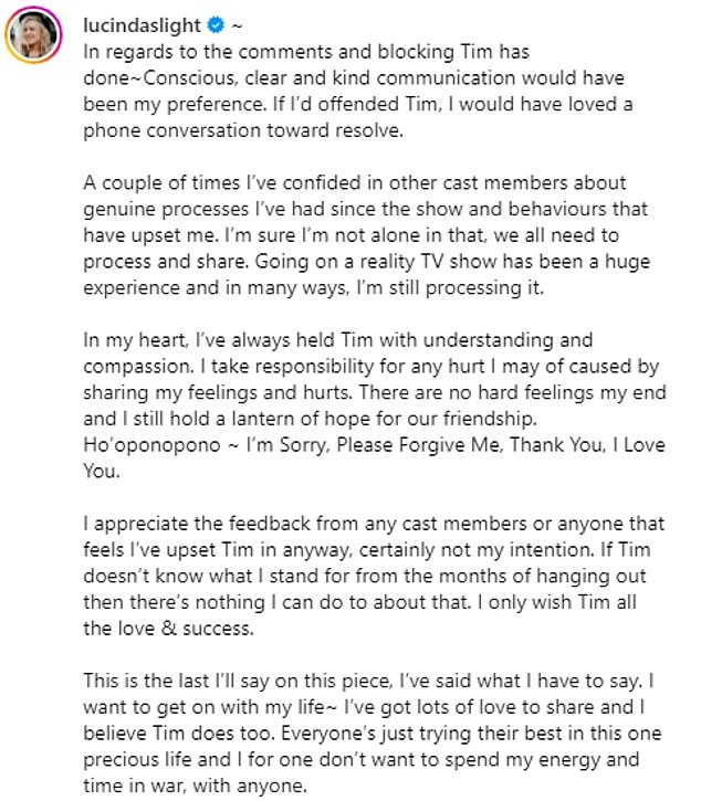 Now Lucinda has released a lengthy statement on Instagram about their feud, telling how much she wished she had had the chance to talk to Tim before he blocked her on social media