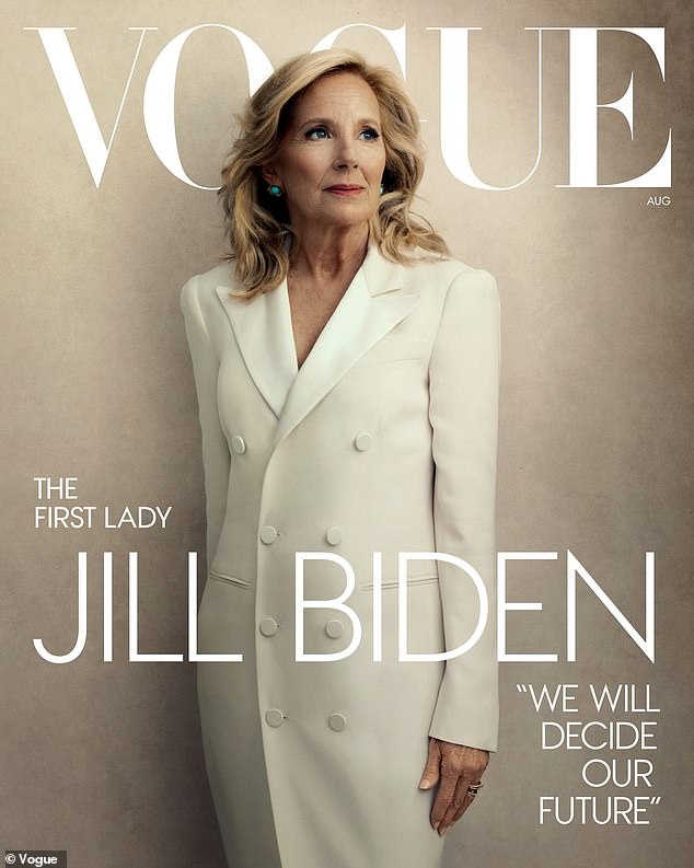 On the hagiographical new cover of Vogue, Jill is depicted in a cream-colored designer suit, illuminated like a religious apparition, our saintly Dr. Jill looking up to the heavens.