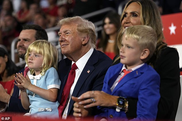 Donald Trump's youngest grandchild Carolina, 4, sat on his lap during her father Eric's speech at the Republican National Convention on Thursday, while her brother Luke, 6, sat on mother Lara's lap for the speech