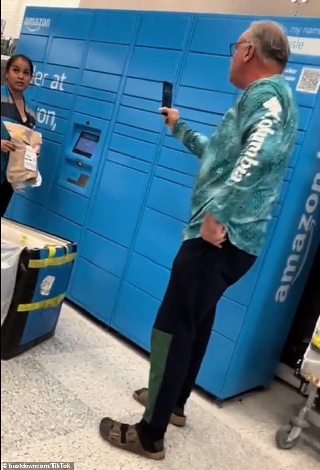 A male 'Karen' wearing Birkenstocks with socks panicked at one of Amazon's self-service kiosks