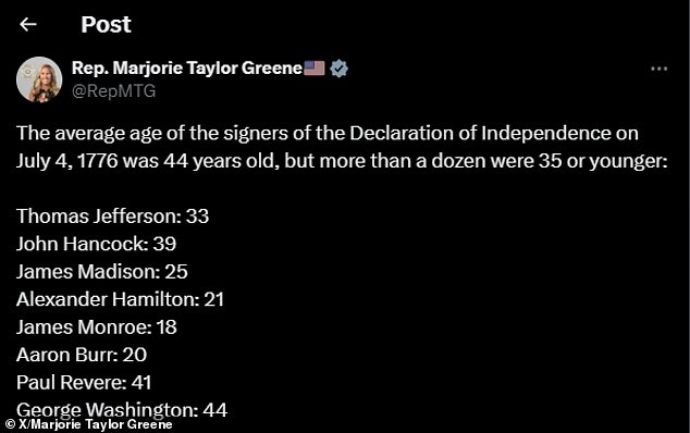 The tweet in which Rep. Marjorie Taylor Greene incorrectly names the signers of the Declaration of Independence. The post has not been deleted