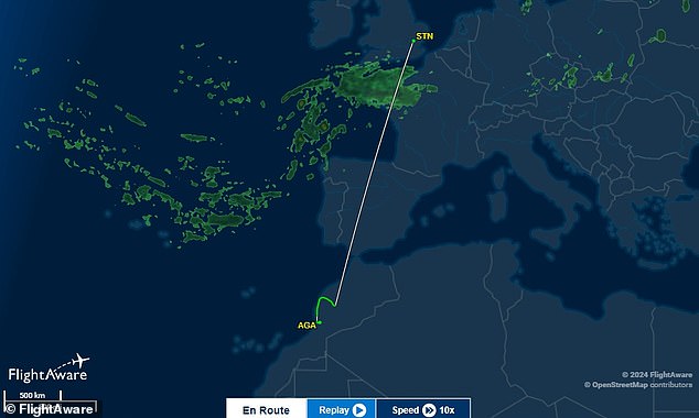 Flight tracking website FlightAware showed the journey of flight RUK3034 as it departed from Agadir, a city on Morocco's southern Atlantic coast