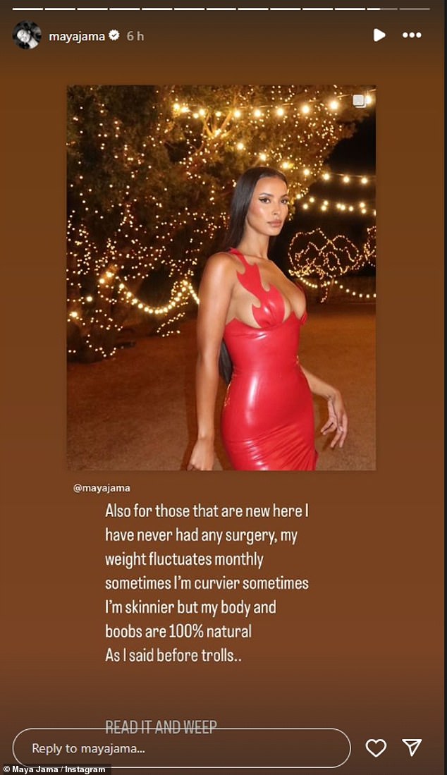 Maya Jama has insisted she's never had plastic surgery in a defiant message to trolls after sharing snaps of her latest Love Island look