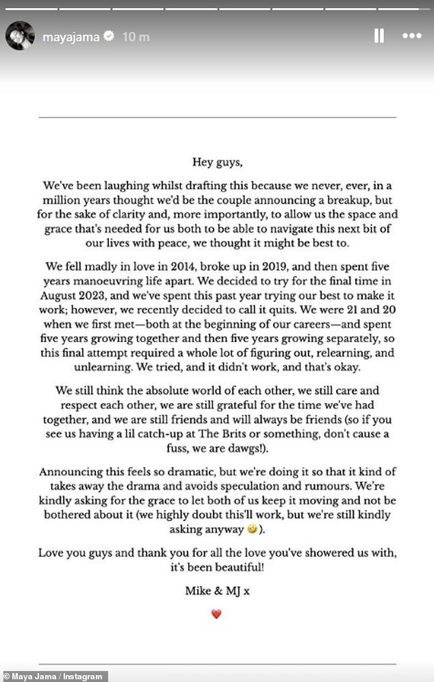 Maya confirmed in an Instagram statement on Wednesday that the couple had called it quits again, admitting they spent a year trying to 