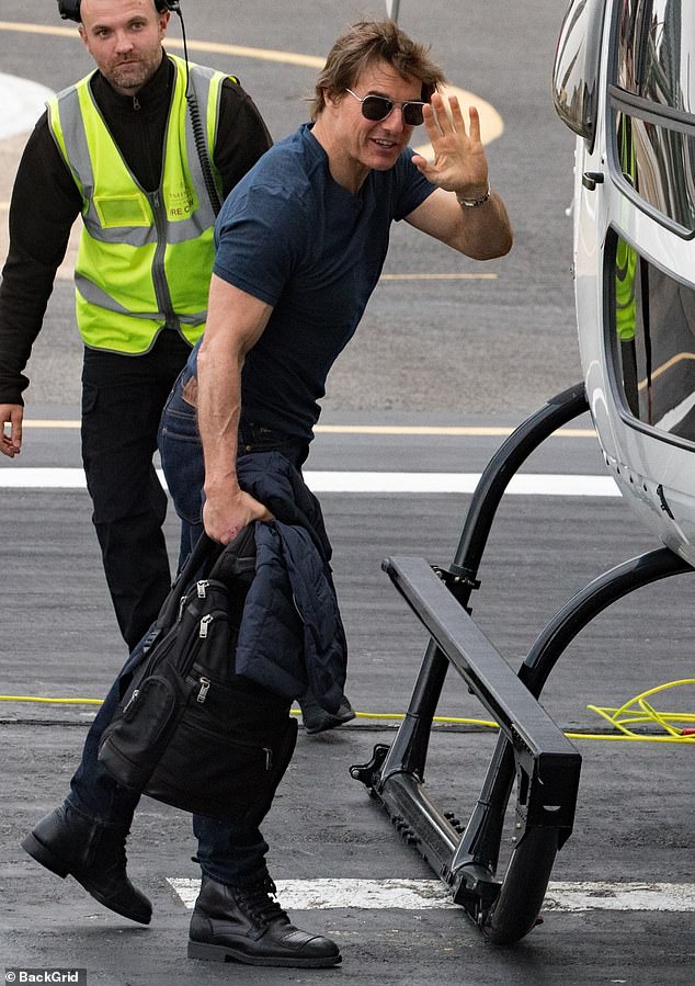 Tom Cruise appeared to be in great spirits on his 62nd birthday earlier this week as he boarded a helicopter at the Battersea helicopter landing pad in London