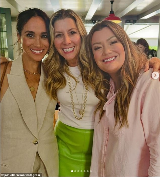 American entrepreneur, investor and media personality Jamie Kern Lima (pictured right) poses with Meghan Markle (pictured left) and Spanx founder Sara Blakely (pictured center)