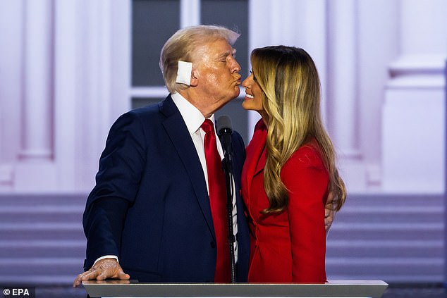 Donald Trump was unusually emotional as he took the stage at the Republican convention in Milwaukee, where he hugged his wife Melania