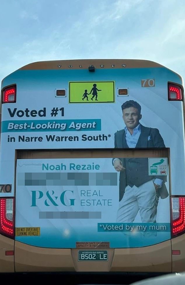 P&G Real Estate advert on the back of a bus (pictured) that has divided Australians. It features their sales consultant Noah Rezaie and states 'Voted #1 Best-looking agent'