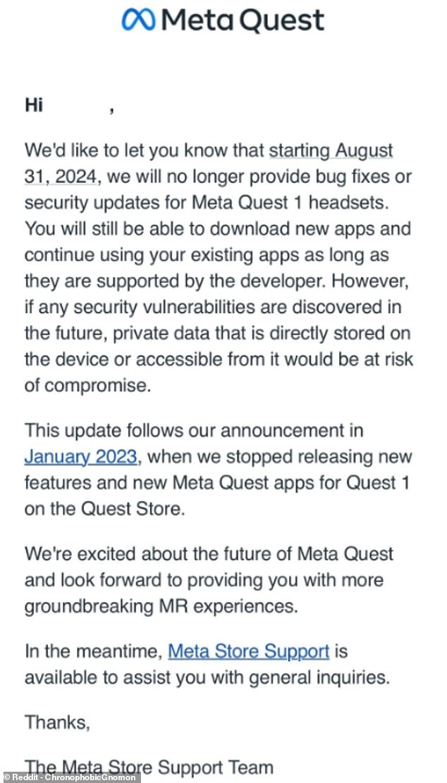 In an email sent to original customers, Meta announced that it would no longer provide software or security updates for the headset