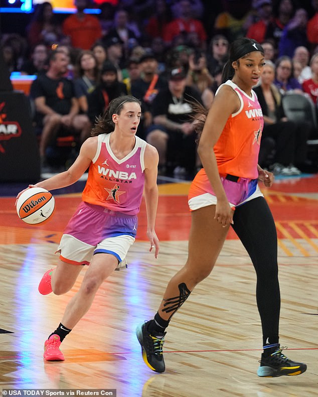 Caitlin Clark (22) dribbles next to Team WNBA forward Angel Reese in Phoenix