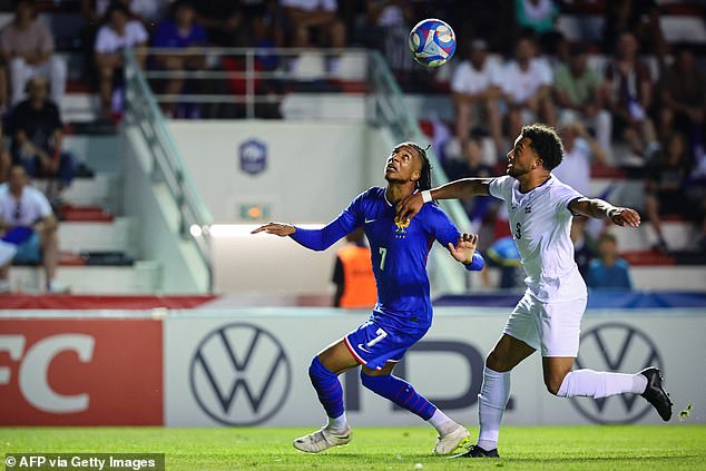 Michael Olise (left) scored a thundering shot from outside the penalty area for the French Olympic team