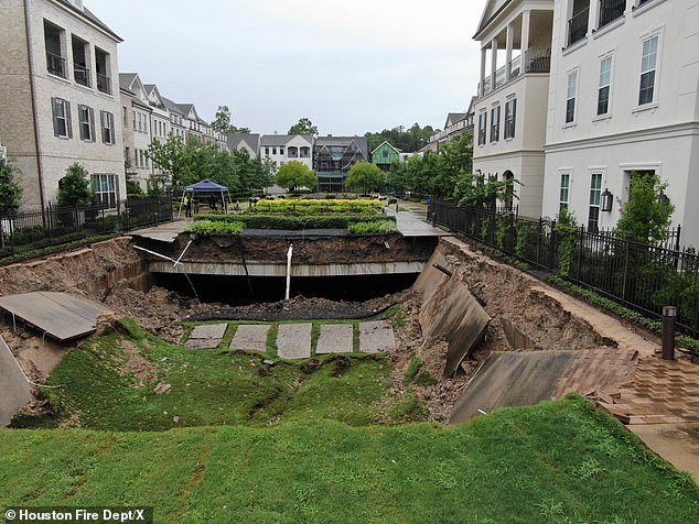 The ground in a courtyard of a luxury Houston development known as Memorial Green suddenly appeared to give way Saturday morning