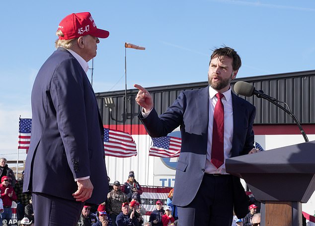 Sen. J.D. Vance (R-OH), a front-runner to be Donald Trump's running mate in the presidential election, once suggested he believed a woman who accused the former president of sexual assault. Trump (left) and Vance (right) are pictured at a rally on March 16, 2024, in Ohio