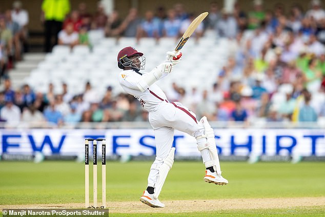 Shamar Joseph hit two sixes during a Test match between England and West Indies on Saturday