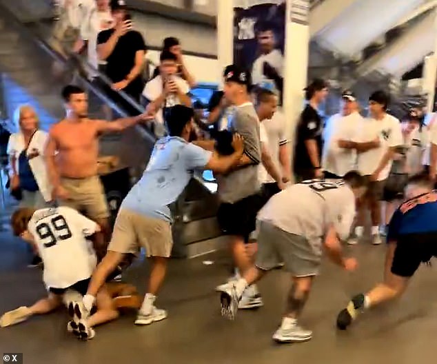 More than a dozen Yankees and Mets fans were involved in a brawl during the crosstown series