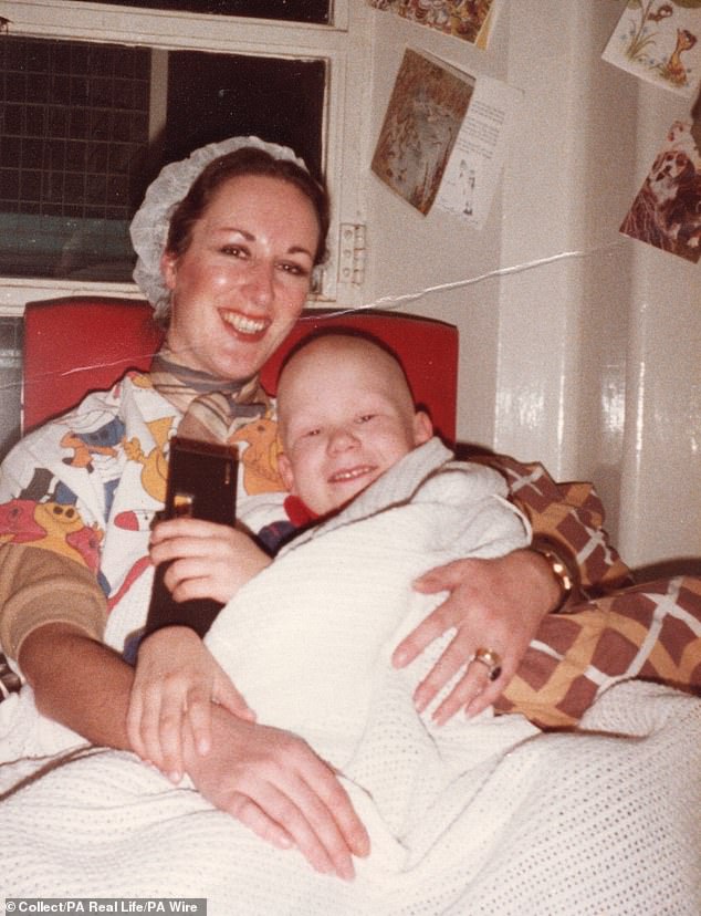 Antonya Cooper with her son Hamish after his bone marrow transplant in 1980