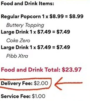 After ordering popcorn and two large drinks for a total of almost $24, he was charged a $2 delivery fee in addition to the usual $1 service charge