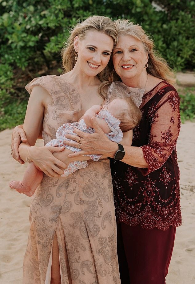 Arianne Endrizzi, 35, a married mother of two young children, bought an investment property in Redland Bay, southeast of Brisbane, in June 2022 with her mother Susan Putnam, 70 (they are pictured with baby Aurora)