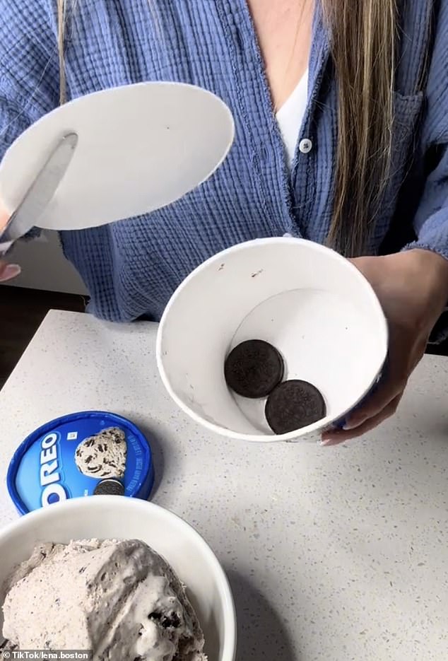 American mother Lena claimed that Oreo cookies can be found at the bottom of the lid of Oreo ice cream tubs