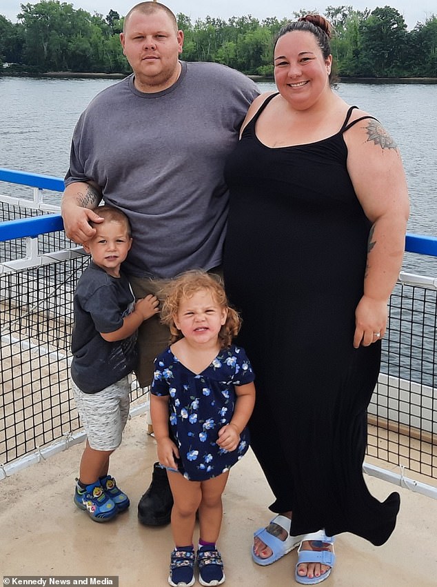 Mrs Hutchinson said her weight had previously caused problems, including being refused access to rollercoaster rides and having to request seatbelt extenders on planes due to morbid obesity. Pictured here with her husband Ryan and their two children Harrison and Nevaeh