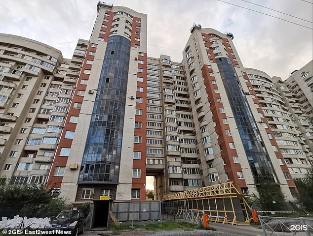 Ksenia fell from the couple's apartment on the 15th floor of a residential building in St. Petersburg (pictured above)