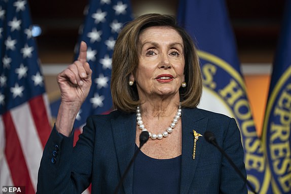 epa08133705 House Speaker Nancy Pelosi speaks to the media regarding the Senate impeachment trial at the U.S. Capitol in Washington, D.C., Jan. 16, 2020. Senate Majority Leader Mitch McConnell said the Senate trial of U.S. President Donald J. Trump on charges of abuse of power and obstruction of Congress will begin on Jan. 21. EPA/JIM LO SCALZO