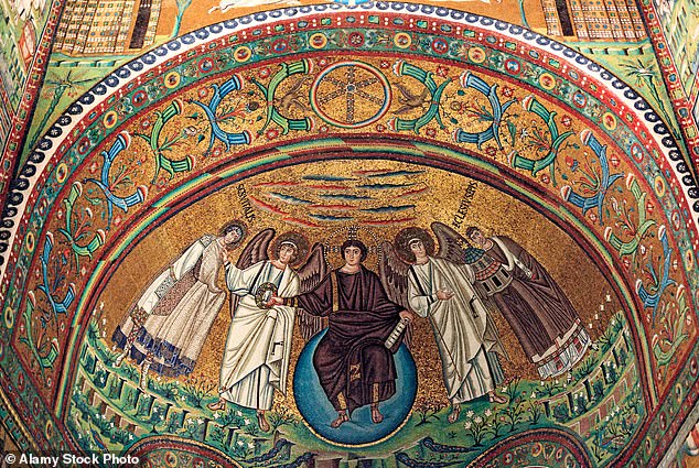 In addition to angelic beings, the course will also consider medieval eunuchs, male-born but castrated members of the Byzantine royal court, as a possible “third gender.” Above, angels are depicted in an early piece of Byzantine art—the 6th-century apse mosaic in the Basilica of San Vitale.