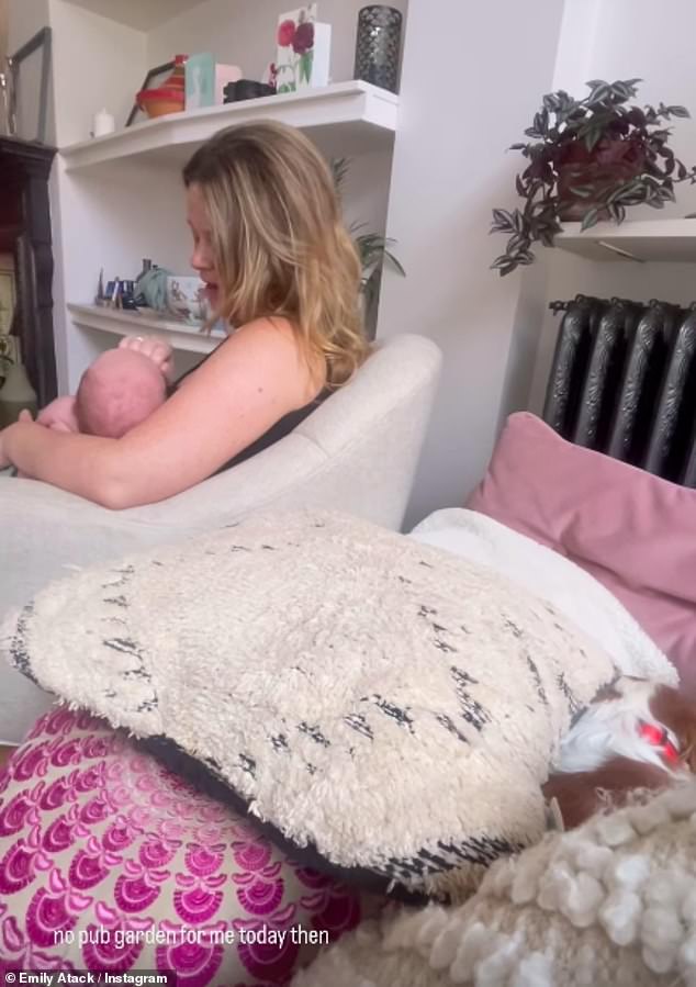 New mom Emily Atack shared a sweet video on Saturday of herself cuddling her baby son Barney as she spent quality time with her little one