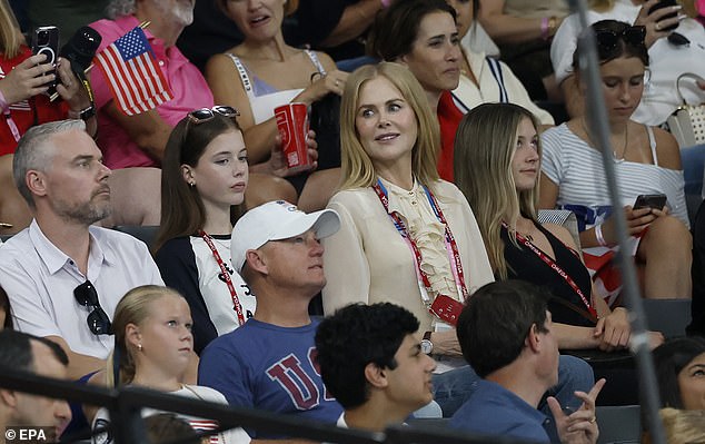 Nicole Kidman attended the women's artistic gymnastics final at the Paris Olympics on Tuesday, along with her daughters Faith (left) and Sunday Rose (right).