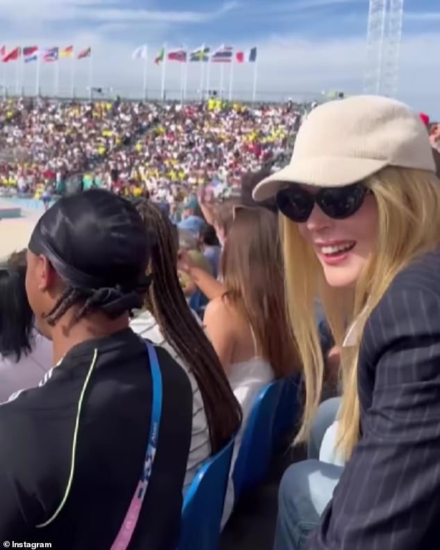 The 57-year-old actress had a big smile on her face as she watched Brazil's Rayssa Leal win bronze over Australia's Chloe Covell in the thrilling women's street skating competition