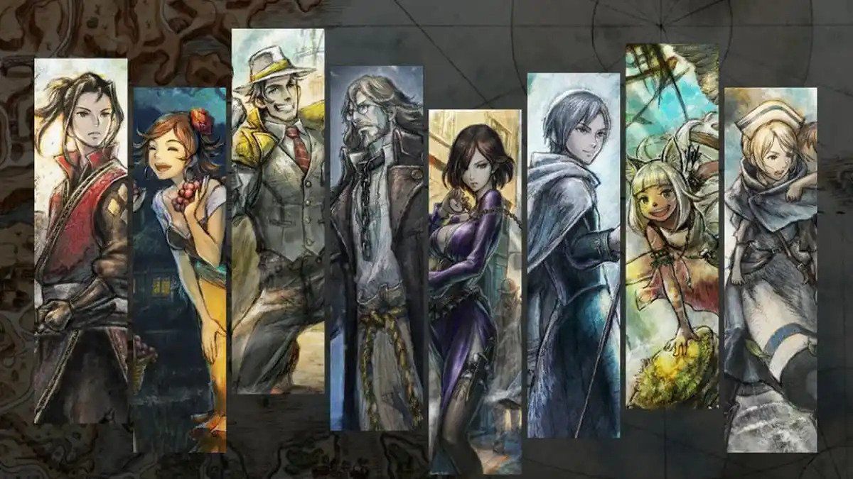 The eight playable characters in Octopath Traveler 2, depicted as individual watercolors