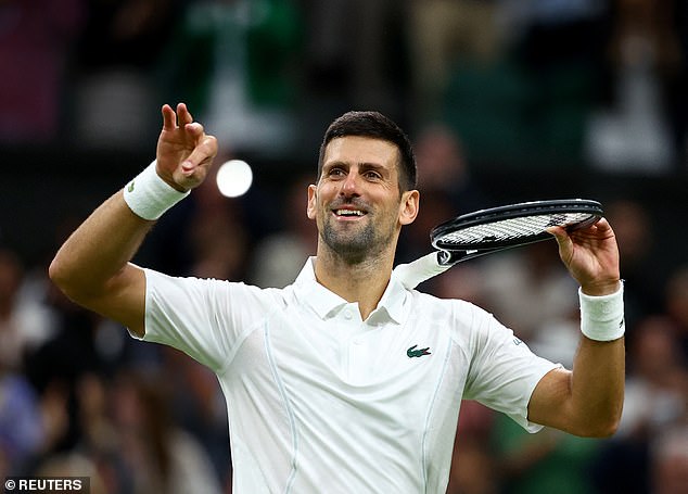 Novak Djokovic celebrates his Wimbledon victory after reaching the last 16 on Saturday