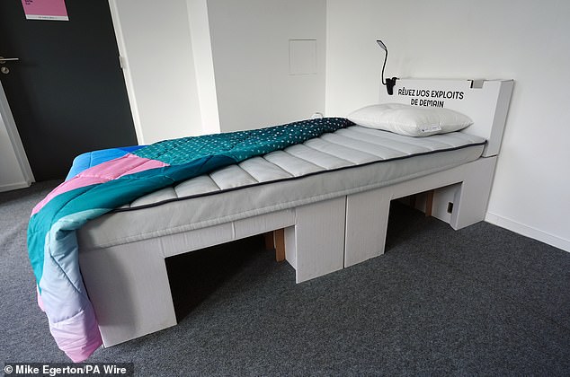 A general view of a bed made of cardboard that will be used by athletes at the Olympic Village in Paris