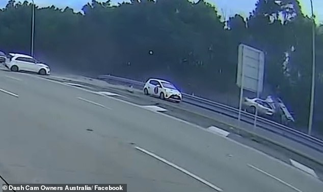 The terrifying crash on the Pacific Motorway near Coomera on Queensland's Gold Coast saw the silver Nissan Pulsar roll over several times and the white MG3 skid.