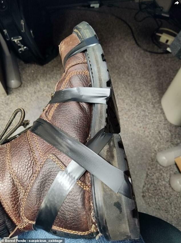 When the super glue didn't hold up, this man, believed to be from the US, decided to tape his boot back together