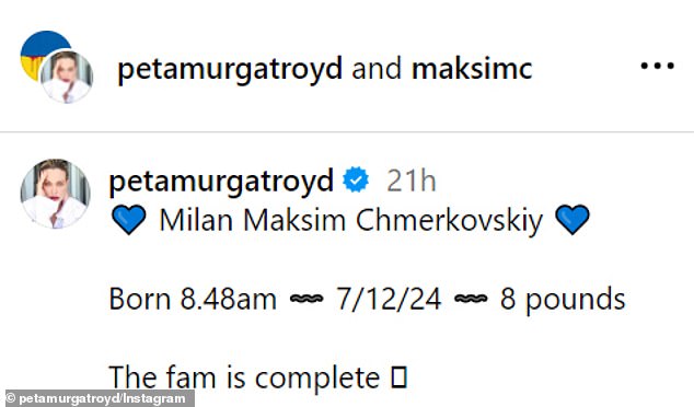 'Milan Maksim Chmerkovskiy,' the caption read. 'Born at 8:48 am - 7/12/24 - 8 pounds'